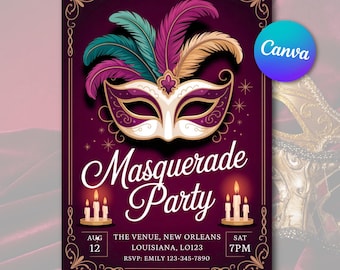 Invitación editable para fiesta de máscaras: plantilla de invitación para cumpleaños o baile con máscaras venecianas