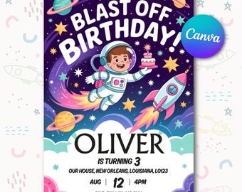 Invitación de cumpleaños de astronauta: Fiesta de cohetes espaciales (Plantilla editable de Canva)
