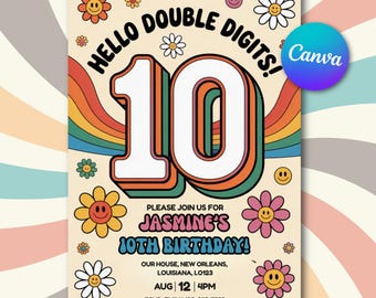 Invitación genial para décimo cumpleaños: Plantilla de Canva con arcoíris retro (5x7, descarga digital)