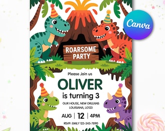 Invitación editable de cumpleaños de dinosaurio: fiesta de dinosaurios rugientes