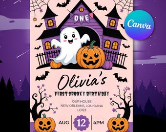 Invitación de cumpleaños espeluznante: fantasma, calabaza, plantilla de Canva (descarga digital)