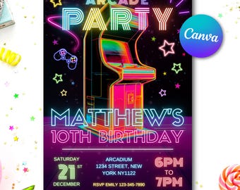 Invitación de cumpleaños de arcade retro: plantilla editable de Canva (descarga digital, 5 x 7 pulgadas)