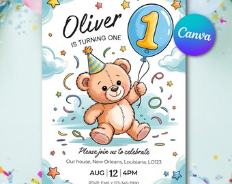 Invitación de osito de peluche para primer cumpleaños, globo azul (descarga digital)