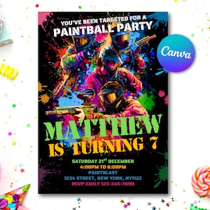Paintball Birthday Party Invitation for Boys, Editable Neon Splatter Template, Instant Download Digital Invite for Kids Party Fun