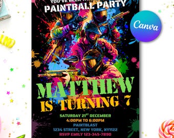 Invitación de cumpleaños de paintball con salpicaduras de neón, plantilla editable (descarga digital)