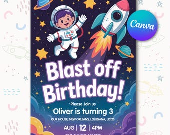 Invitación de cumpleaños espacial editable: fiesta de cumpleaños con astronauta y cohete