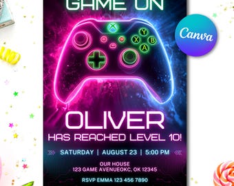 Invitación de cumpleaños editable para gamer / Plantilla neón de Xbox (invitación digital)