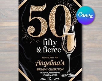 Editable 50th Birthday Invitation – Fifty & Fierce Gold Glitter Champagne Party Invite