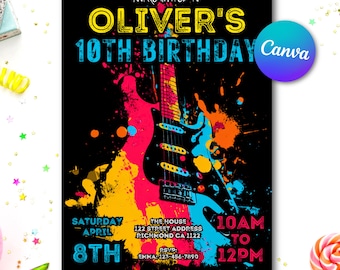 Invitación de cumpleaños con guitarra neón: Fiesta de rock, plantilla editable (descarga digital)
