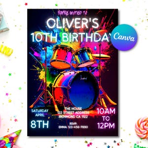 May include: A colourful birthday invitation with a drum kit illustration and neon text. The invitation reads "Oliver's 10th Birthday" with event details: Saturday, April 8th, 10 AM to 12 PM, at 122 Street Address, Richmond CA 1122. RSVP: Emma.