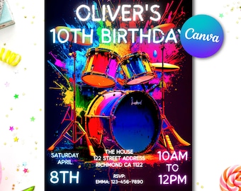 Neon Drum Birthday Invitation: Rock Music Party, Editable Template (Digital Download)