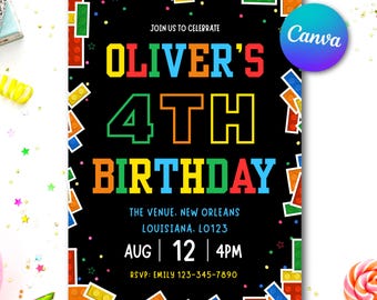 Editable Building Blocks Birthday Invitation - Custom Construction Theme Party Invite Template