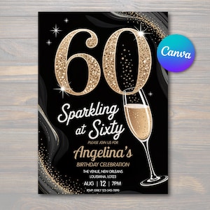 Könnte beinhalten: Schwarze und goldene Einladung zum 60. Geburtstag. Das Design zeigt eine große goldene Glitzer-"60" mit den Worten "Sparkling at Sixty" und "Angelina's Birthday Celebration". Ein Sektglas ist ebenfalls enthalten.
