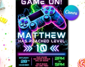 Invitación de cumpleaños de videojuegos: Arcade de neón, Sube de nivel (Plantilla editable de Canva)