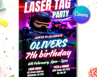 Invitación de cumpleaños de Laser Tag: temática espacial neón, plantilla editable (descarga digital)