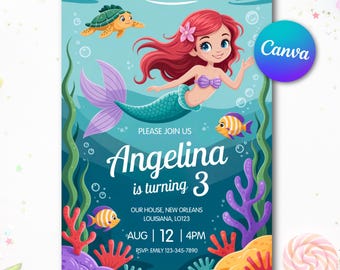 Invitación de cumpleaños de sirena editable: fiesta submarina