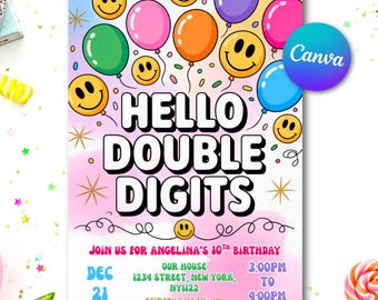 Invitación editable para décimo cumpleaños: ¡Hola, números dobles!, plantilla de Canva (descarga digital)