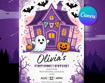 Invitación de cumpleaños espeluznante: invitación para fiesta de Halloween de primer cumpleaños: plantilla editable de fantasma de casa embrujada