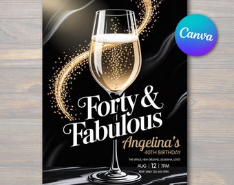 Invitación de 40 cumpleaños: champán, mármol negro, plantilla editable de Canva (descarga digital)