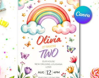 Invitación de cumpleaños arcoíris – Plantilla editable de Canva – Invitación para fiesta de cumpleaños de niña