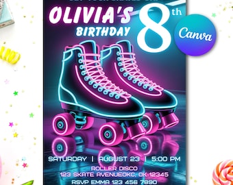 Invitación de cumpleaños de patinaje retro: Fiesta con luces de neón (Plantilla editable de Canva, descarga instantánea)