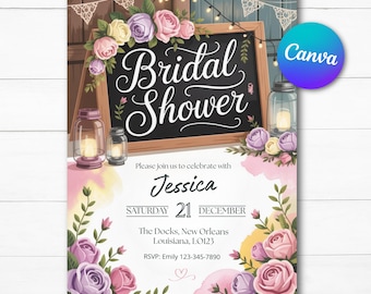 Pode incluir: Convite para chá de panela com detalhes florais. O convite apresenta as palavras "Bridal Shower" em um quadro-negro, com o nome "Jessica" e detalhes do evento. O design inclui flores em aquarela, lanternas e luzes de corda.