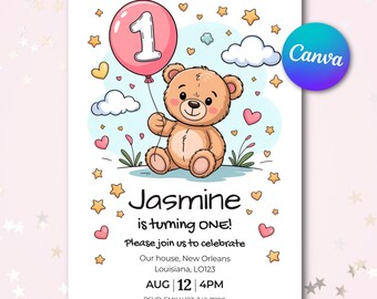 Invitación de osito rosa para primer cumpleaños: Plantilla editable de Canva (descarga digital de 13 x 18 cm)