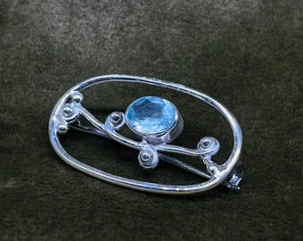 Aquamarine Brooch, Handmade 925 Sterling Silver Jewelry