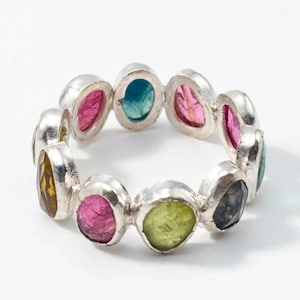 Rainbow Tourmaline Eternity Band Ring | Natural Multi Tourmaline Ring | Sterling Silver Stackable Ring | Handmade Gemstone Jewelry