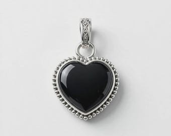 Black Onyx Heart Pendant, 925 Sterling Silver Handmade Jewelry