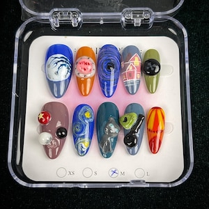 Galaxy Space Theme Press On Nails – Handmade 3D Planet Starry Sky Nail Art – Cosmic Swirl Acrylic False Nails