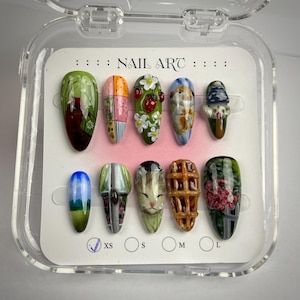 Hand Painted Cottagecore Cat Garden Press On Nails – Scenic Landscape & Flower Nail Art – Custom Reusable False Nail Set