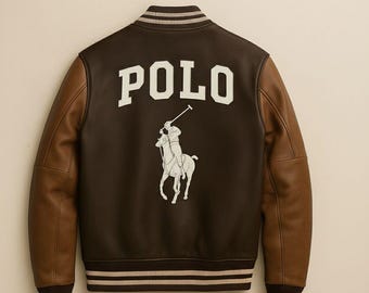 Polo leather Jacket brown Cowhide Leather Bomber Jacket Polo Embroidered Jacket for Men
