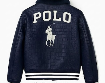 Polo leather Jacket Blue Cowhide Leather Bomber Jacket Polo Embroidered Jacket With Fur