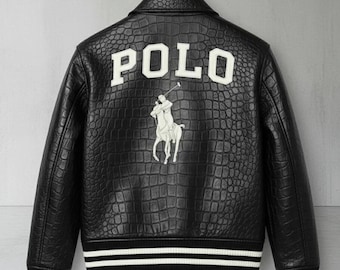 Polo leather Jacket Black Cowhide Leather Bomber Jacket Crocodile leather print Polo Embroidered Jacket for Men