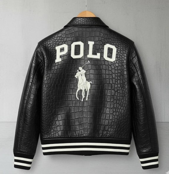 Polo leather Jacket Black Cowhide Leather Bomber Jacket Crocodile leather print Polo Embroidered Jacket for Men