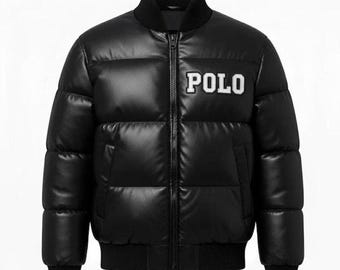 Men's Polo Puffer jacket Genuine leather Sheepskin Black Leather Bomber jacket , Horse Embroidered back Winter Jackets