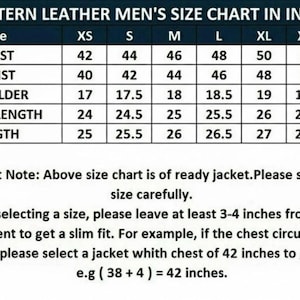 May include: A size chart for western leather jackets, displaying chest, waist, shoulder, sleeve length, and length measurements in inches. Sizes range from XS to XXXL. Includes a note about selecting the correct size for a slim fit.