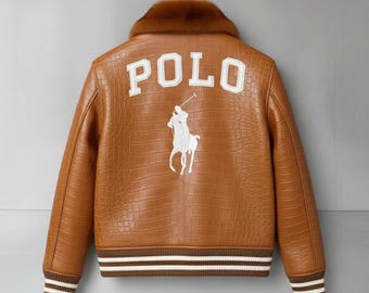Polo leather Jacket Tan Brown Cowhide Leather Bomber Jacket Polo Embroidered Jacket With Fur