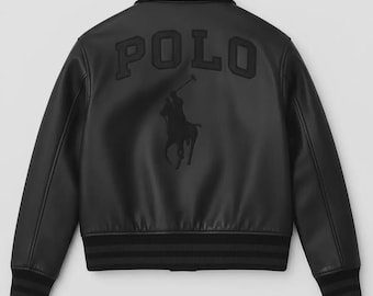 Polo leather Jacket Black Cowhide Leather Bomber Jacket print Polo Embroidered Jackets