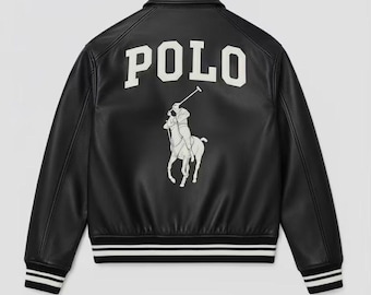 Polo Leather Jacket , Genuine Cowhide Black leather, Bomber baseball leather jacket, Varsity School, College , Embroidered Jacket