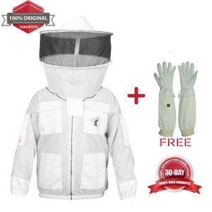 May include: White beekeeping suit with a mesh hood and a bee emblem. Includes a pair of light-colored gloves. The image also features text that says "100% Original Guaranteed" and "Free".