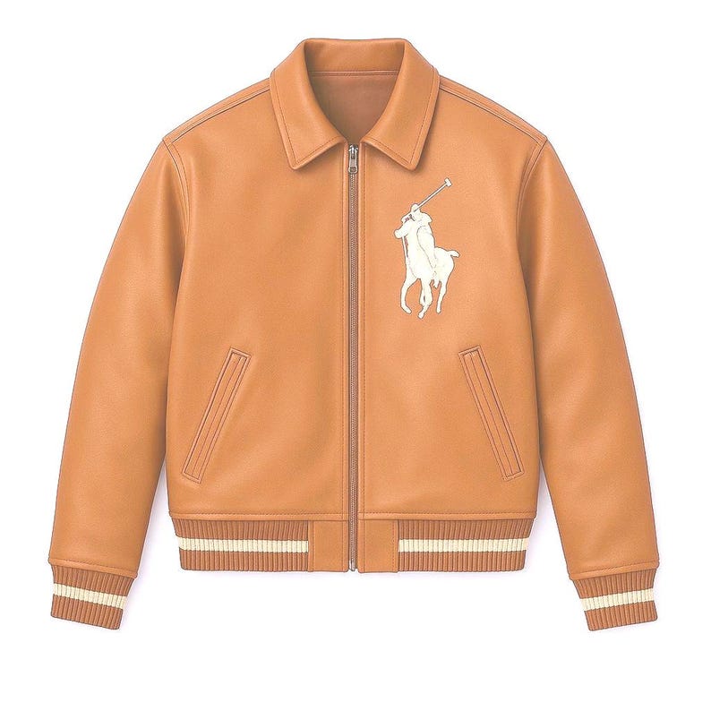 Polo leather Jacket Tan Brown Cowhide Leather Bomber Jacket Polo Embroidered Jackets image 2