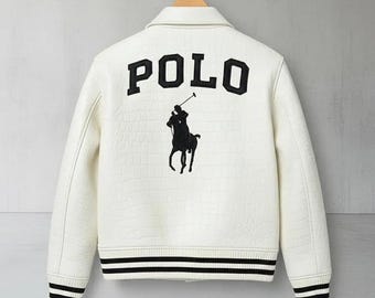 Polo leather Jacket White Cowhide Leather Bomber Jacket Polo Embroidered Jacket for Men