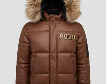 Polo leather jacket R L Men’s brown Leather Puffer Bomber Jacket Genuine Cowhide Skin Winter Jackets