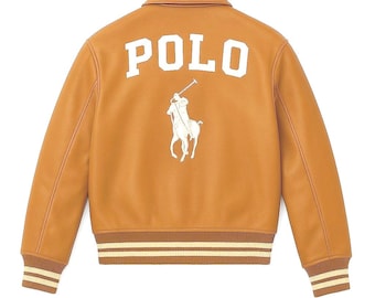 Polo leather Jacket Tan Brown Cowhide Leather Bomber Jacket Polo Embroidered Jackets