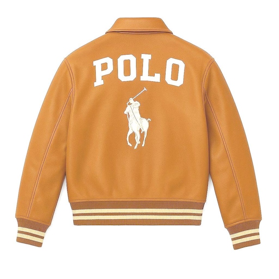Polo leather Jacket Tan Brown Cowhide Leather Bomber Jacket Polo Embroidered Jackets