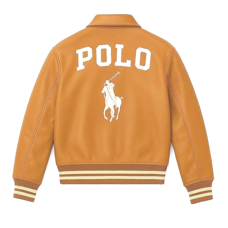 May include: A tan leather jacket with the word "POLO" in white block letters across the upper back. A white polo player logo is below the word "POLO". The jacket has a ribbed collar, cuffs, and hem with cream and tan stripes.