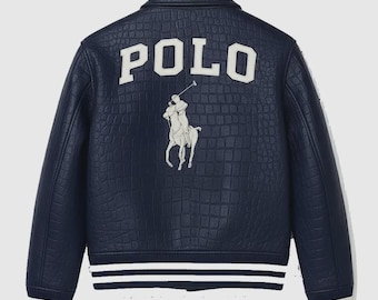 Polo leather Jacket Navy Cowhide Leather Bomber Jacket Crocodile leather print Polo Embroidered Jacket for Men