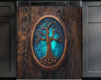 Rustic Tree of Life Dishwasher Magnet Cover: Blue Resin Wood Art
